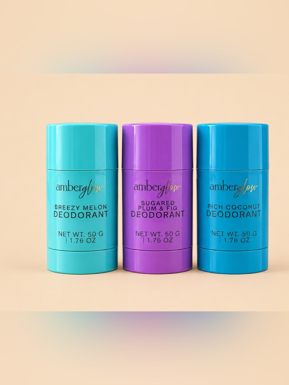 Amberglow Deodorant Breezy Melon, Sugared Plum & Fig, Rich Coconut